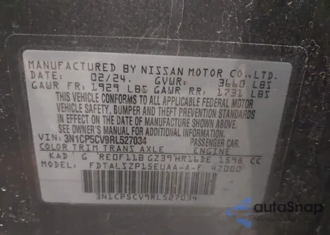 2024 Nissan Kicks Sv Xtronic Cvt z USA, uszkodzony, nr VIN 3N1CP5CV9RL527034